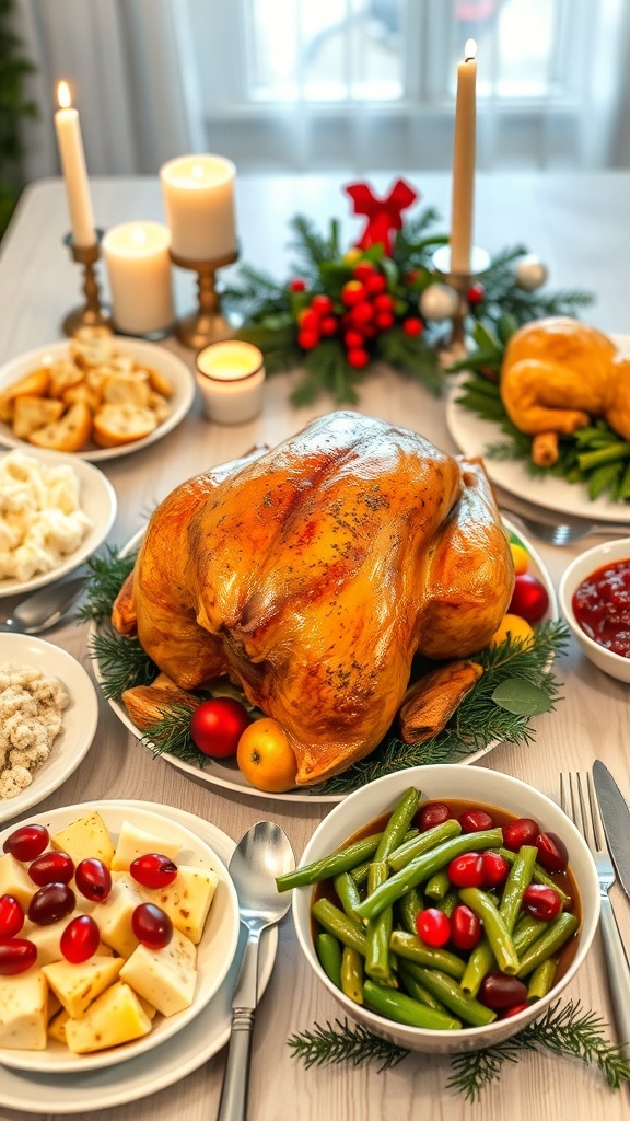 A festive Christmas dinner table with roasted turkey, mashed potatoes, green beans, and cranberry sauce.
